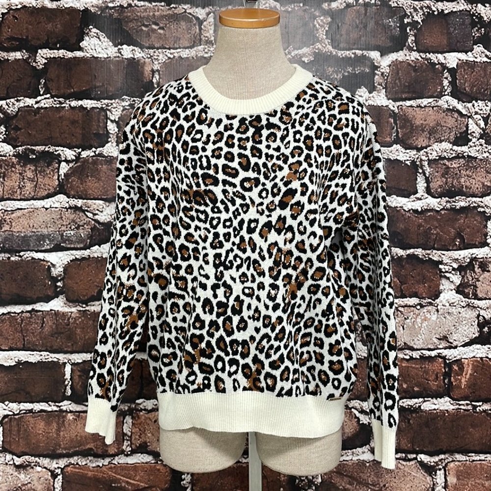 T Tahari Sweater Pullover Cheetah Print Crew Neck Brown Cream Size Small S - Picture 4 of 14
